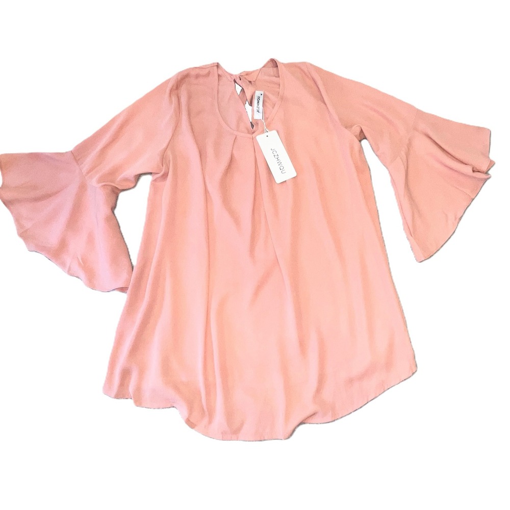 Elegant Chiffon‎ Bell Sleeve Boho Chic Blouse Tie Back Keyhole Top Pink Peach